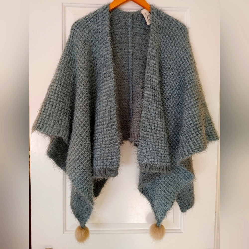 Beautiful Simply Noelle Sage Green Fuzzy Chunky Knit Pom Pom Shall/Wrap